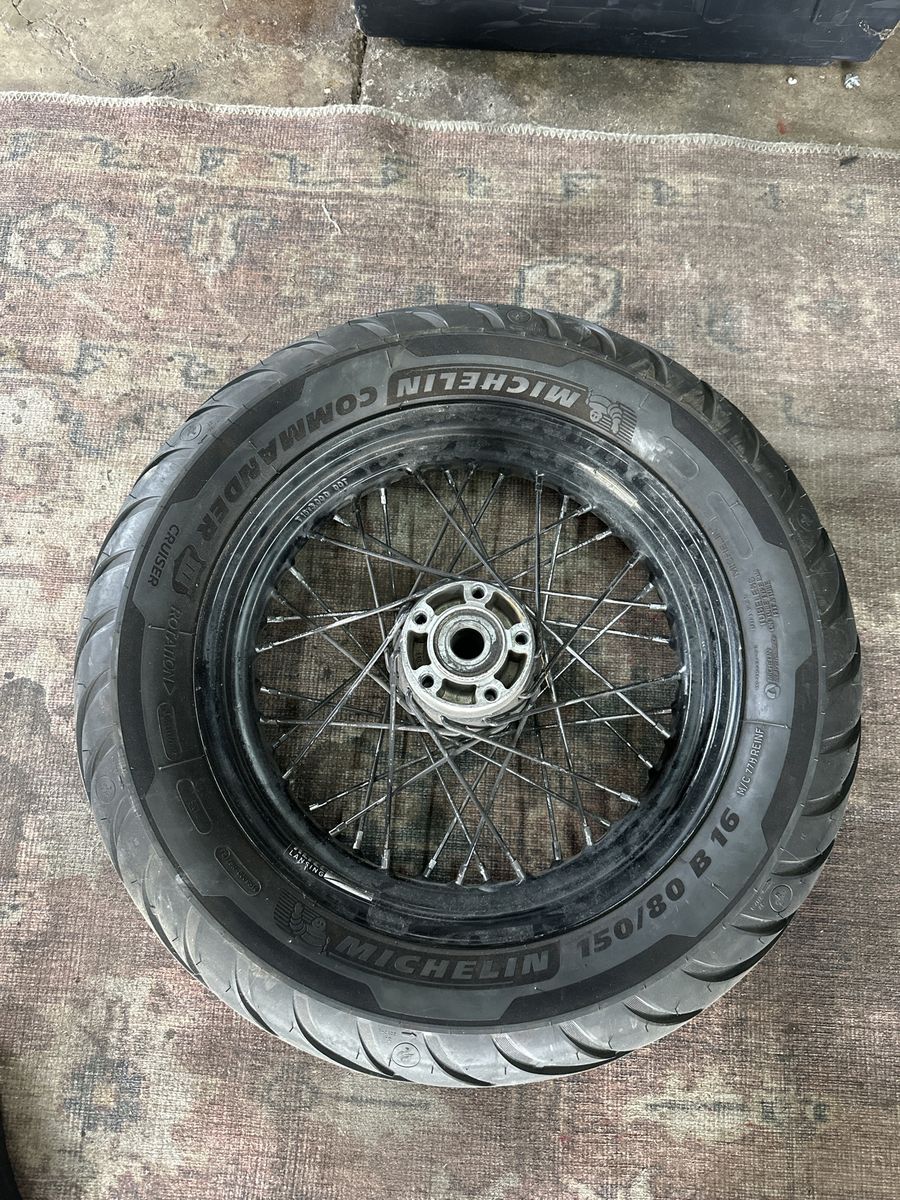 Used Michelin Commander Cruiser 150/80 B16 Motorcycle Tire on Black Spoked Rim Harley Davidson