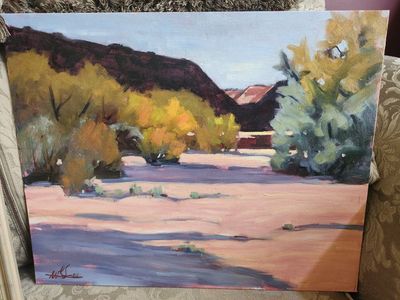 Original Landscape Oil Painting by Wallace Lee, Desert Scene with Mountains and Trees