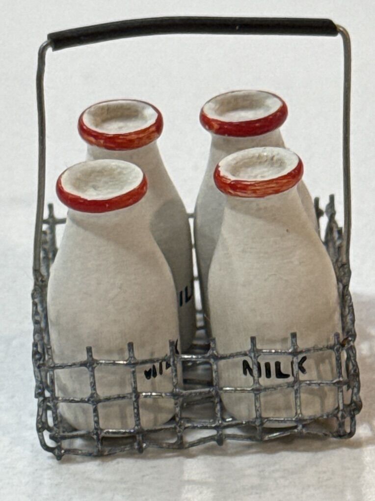 Dolls House Miniature 4 Bottles of Milk w/ Basket