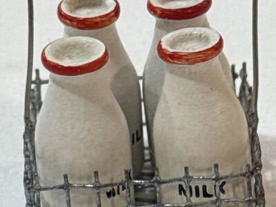 Dolls House Miniature 4 Bottles of Milk w/ Basket