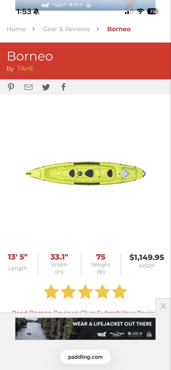 TAHE Borneo 13' 5" Sit-On-Top Kayak - 1-2 Person + Child. Includes paddles, seat and brand new cart for transport.