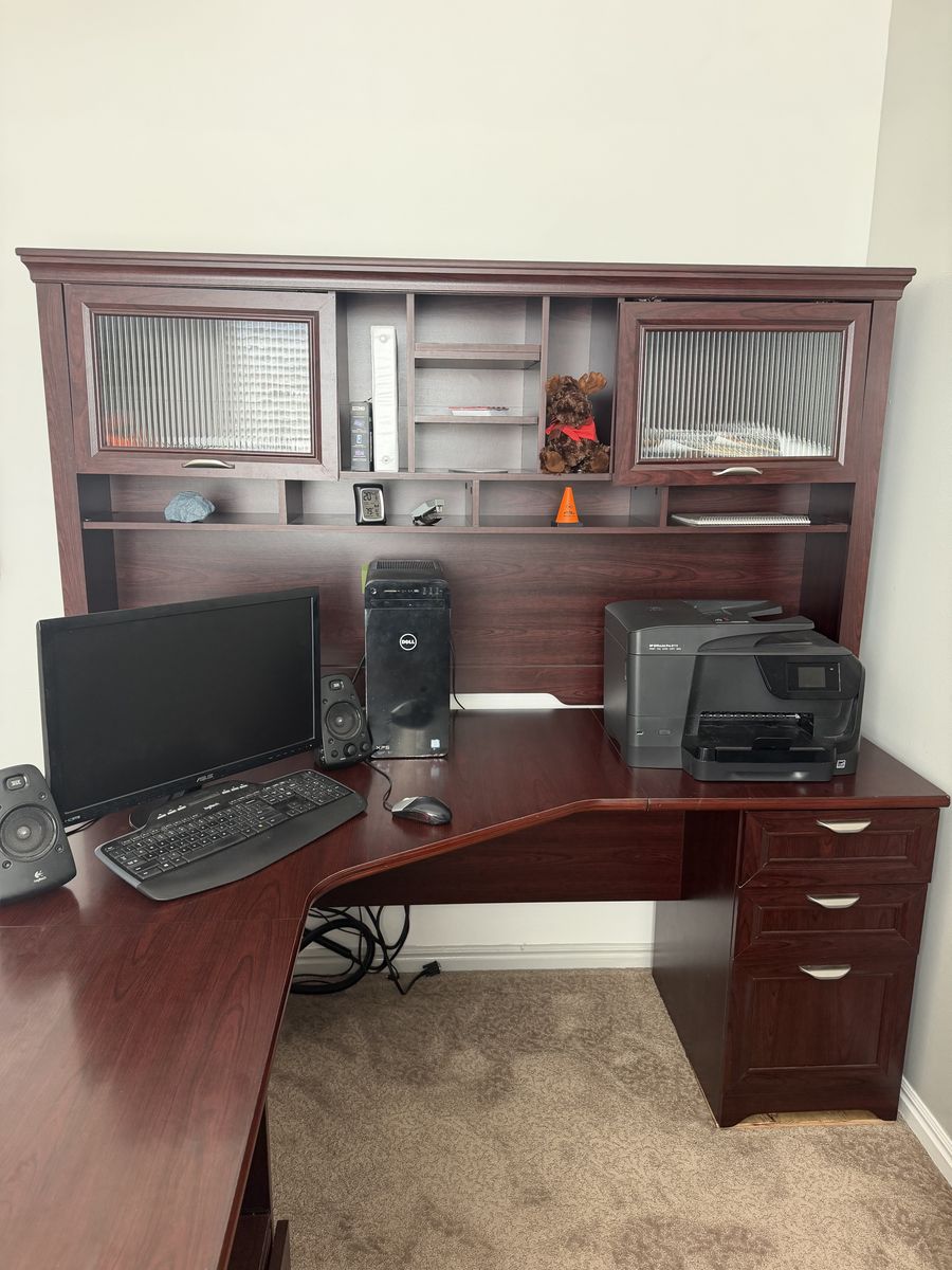 L-Shaped Desk with hutch, bookcase and file cabinet
