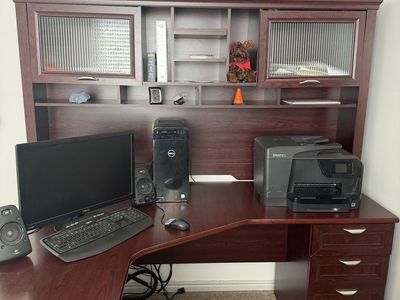 L-Shaped Desk with hutch, bookcase and file cabinet