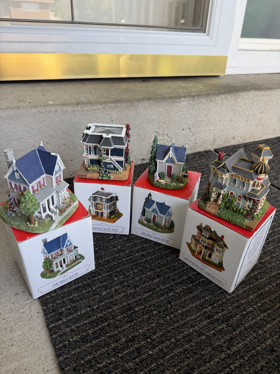 Vintage Miniature Resin House Figurines Lot of 4 with Boxes - The Price House, Wash House & More