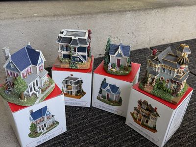Vintage Miniature Resin House Figurines Lot of 4 with Boxes - The Price House, Wash House & More