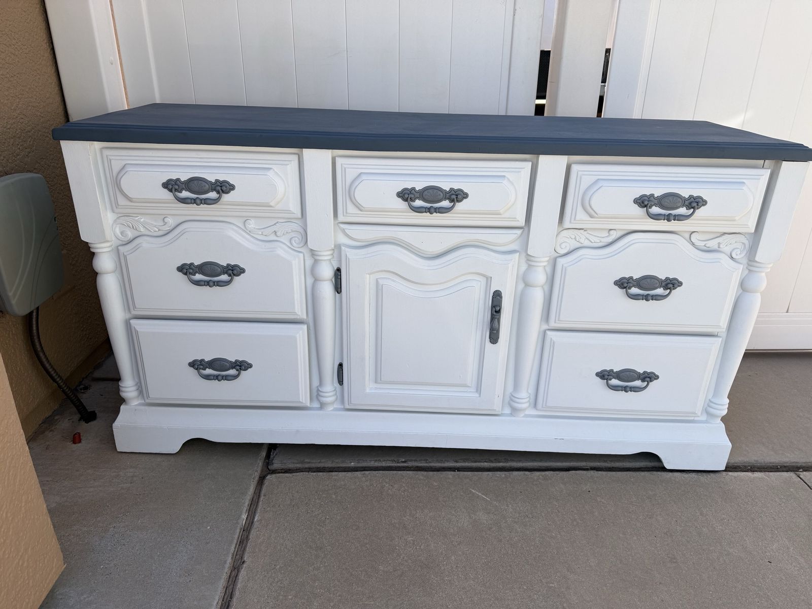 White & Blue French Provincial Dresser/Credenza, Refinished with 6 Drawers & Cabinet