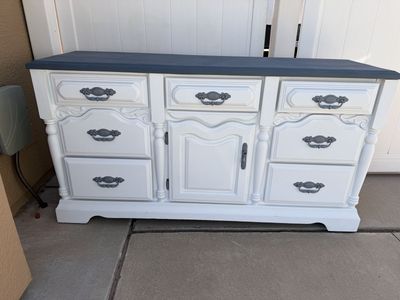 White & Blue French Provincial Dresser/Credenza, Refinished with 6 Drawers & Cabinet