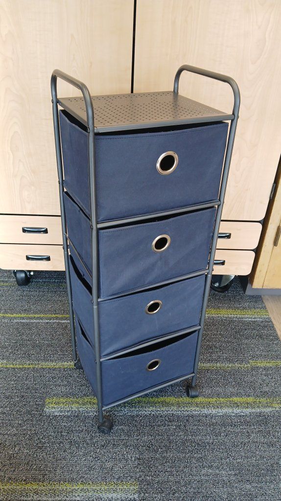 Rolling 4-Drawer Storage Cart with Perforated Top, Dark Blue Fabric Drawers