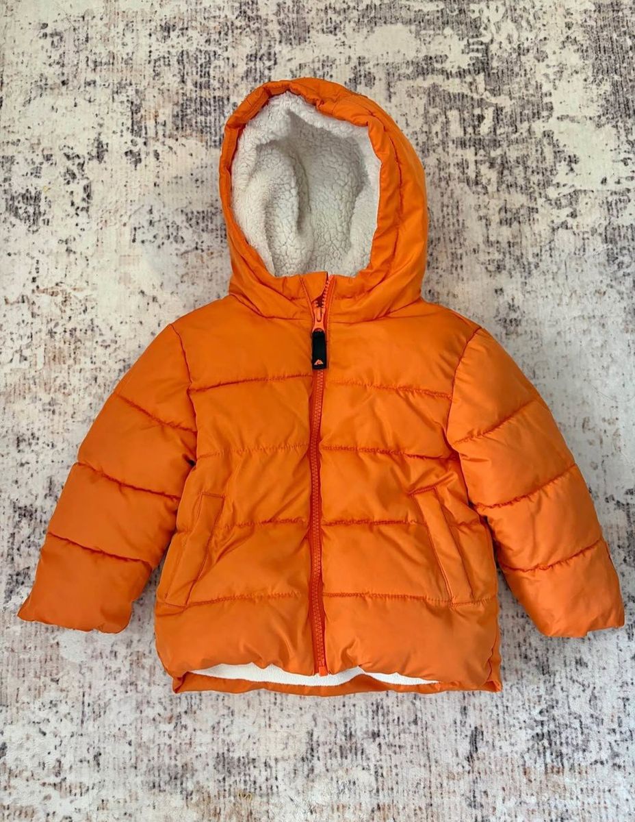 Toddler Winter Puffer Jacket | Orange with Sherpa Lined Hood | Size 18M