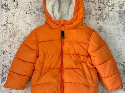 Toddler Winter Puffer Jacket | Orange with Sherpa Lined Hood | Size 18M