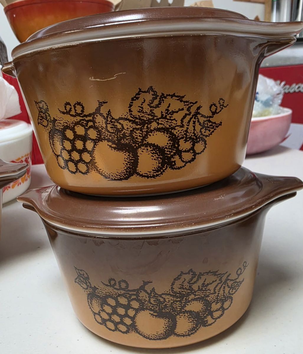 Vintage Pyrex Old Orchard Casseroles Set #473 1 Qt Bowls with Lids