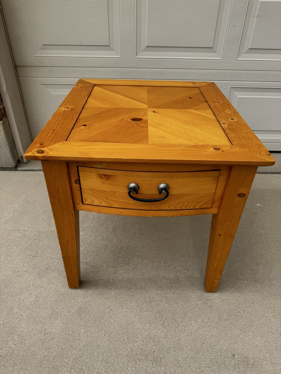 Wooden End Table with Drawer - Natural Wood Finish, Square Top