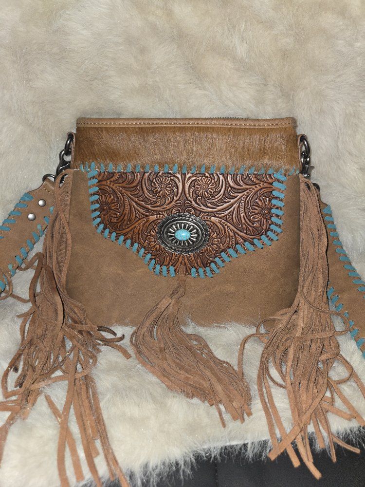 Trinity Ranch Western Embossed Leather & Hair-On-Hide Fringe Crossbody Bag with Turquoise Concho