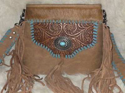 Trinity Ranch Western Embossed Leather & Hair-On-Hide Fringe Crossbody Bag with Turquoise Concho