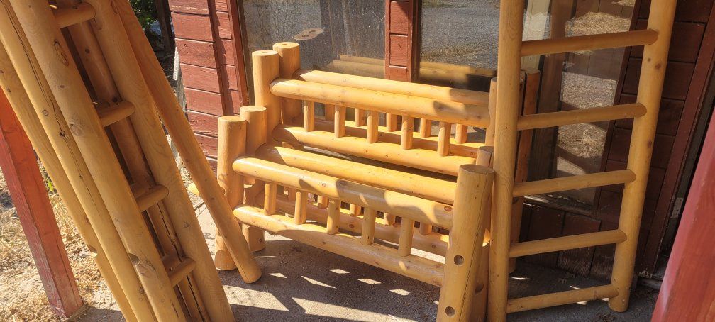 Rustic Solid Wood Log Bunk Bed Frame with Ladder. Twin bunk beds or 2 twin beds. 
