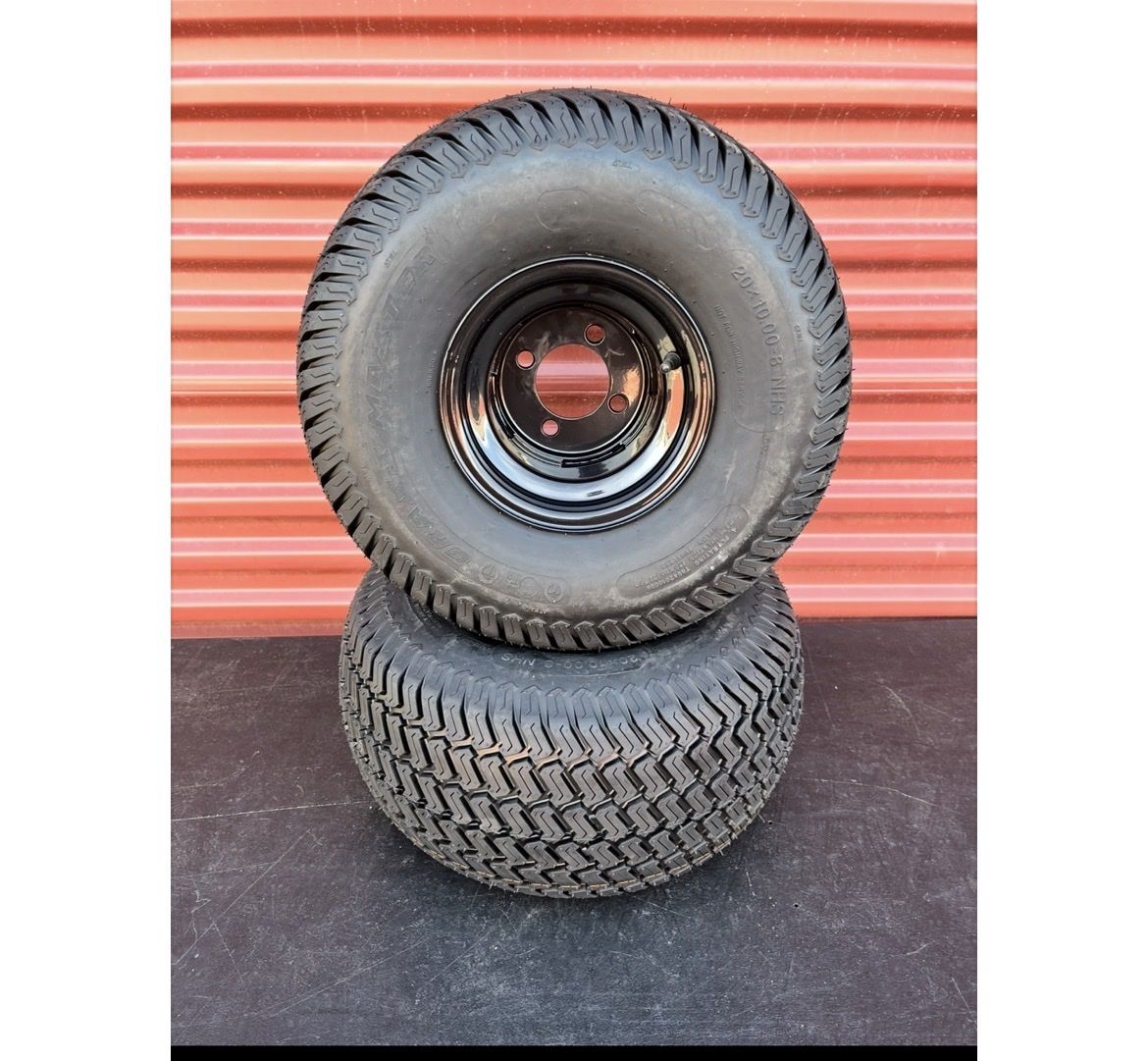 Set of 2 Grass Master Rear Riding Mower Tires Mounted on New Jet Black Wheels Brand New Never Used 4 Lug