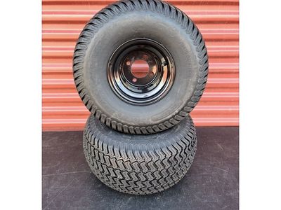 Set of 2 Grass Master Rear Riding Mower Tires Mounted on New Jet Black Wheels Brand New Never Used 4 Lug