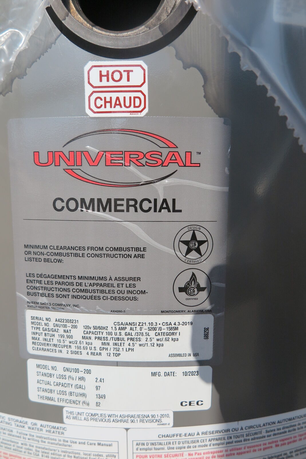 rheem universal commercial 100 gallon hot water nat gas heater gnu 100-200