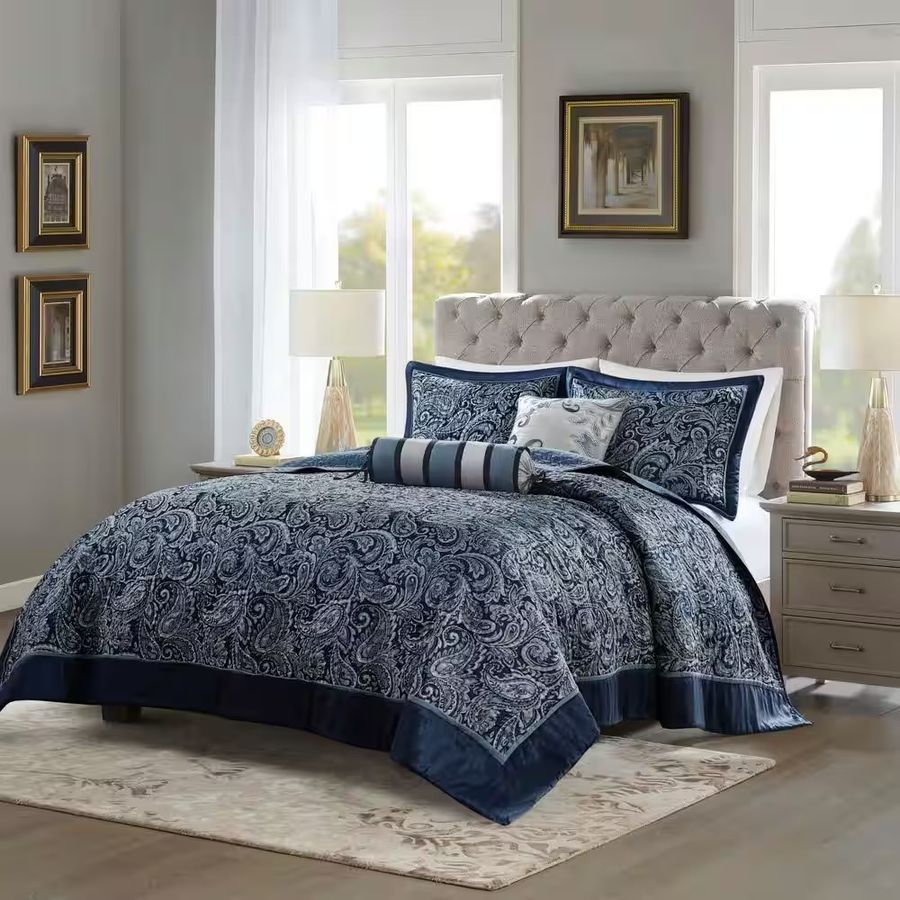Luxurious Blue Paisley Reversible Quilted 7-Piece Comforter Set - Queen Size, Elegant Bedding