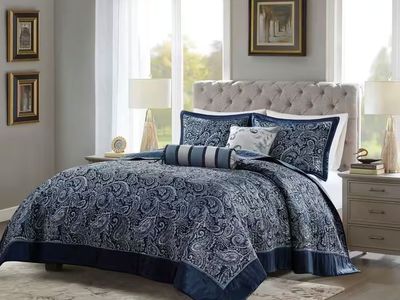 Luxurious Blue Paisley Reversible Quilted 7-Piece Comforter Set - Queen Size, Elegant Bedding