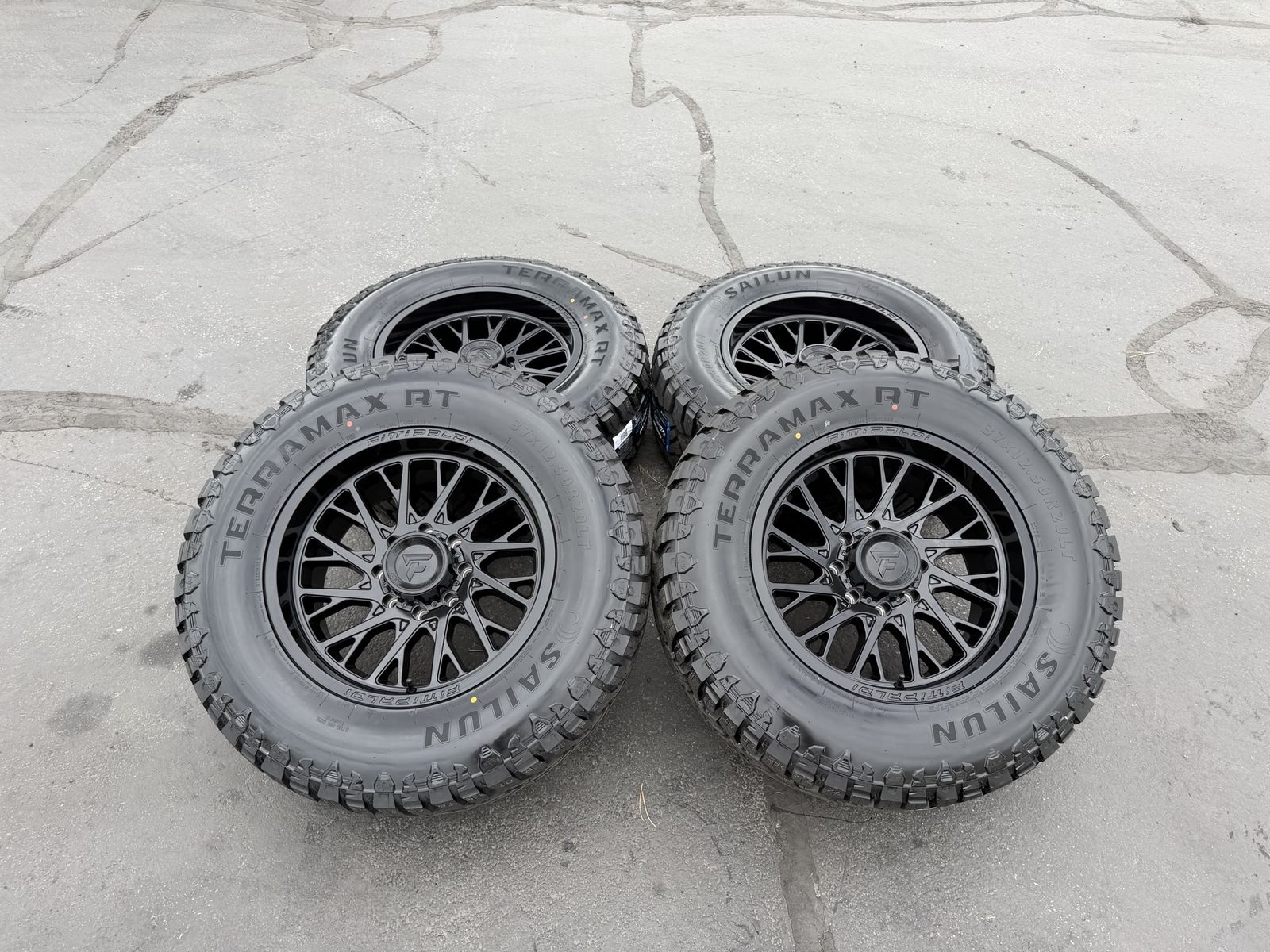 New 37x12.50r20 Terramax RT Black Fittipaldi FA08 8 lug 8x170 Ford F250 F350 Superduty Powerstroke wheels and tires 3 peak rated