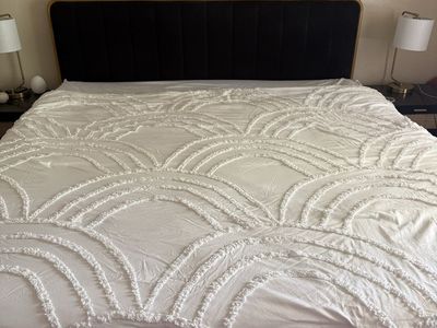 Black Velvet Channel Tufted King Size Headboard with Gold Trim mattress not included