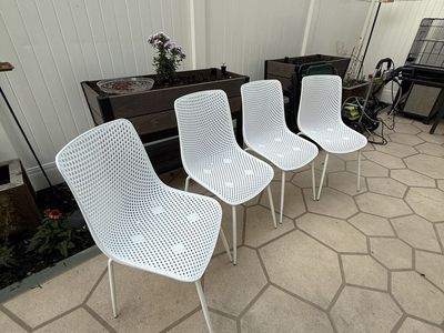 Set of 4 White Perforated Plastic Outdoor Patio Dining Chairs