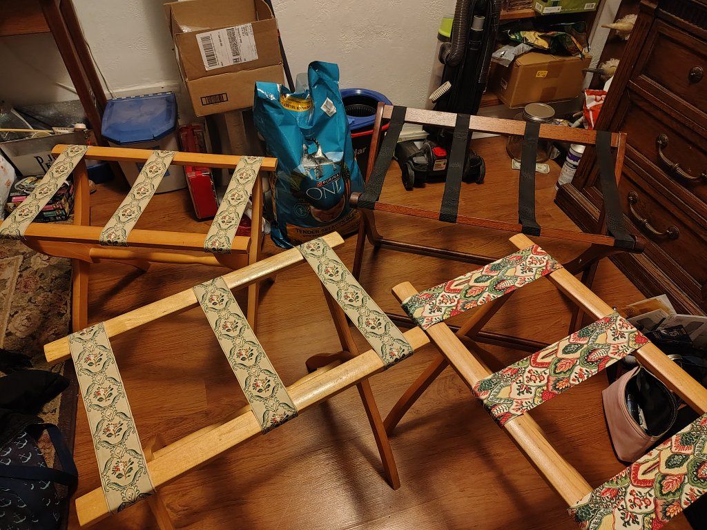 I have 4 Vintage Wooden Luggage Rack Foldable Suitcase Stand with Decorative Fabric Straps. $60 each 