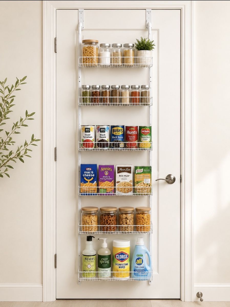 Over-the-Door Pantry Organizer, 6-Tier Adjustable Storage Rack, White Wire Frame