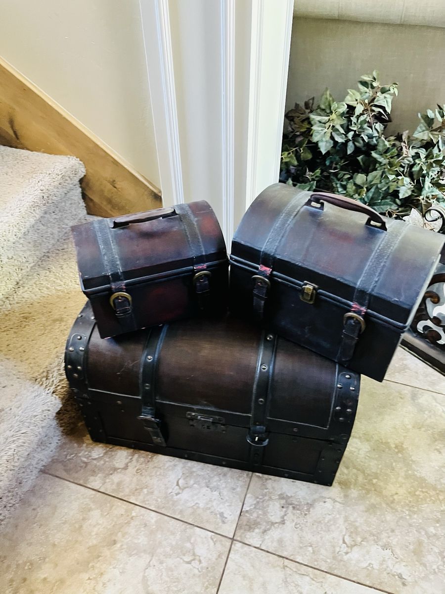 Set of 3 Decorative Wooden Treasure Chests - Storage, Decor, Stage Props