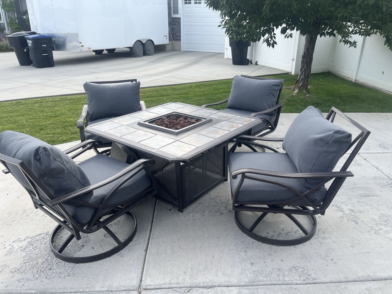 Outdoor Patio Fire Pit Table with 4 Swivel Chairs - Tile Top, Propane Ready