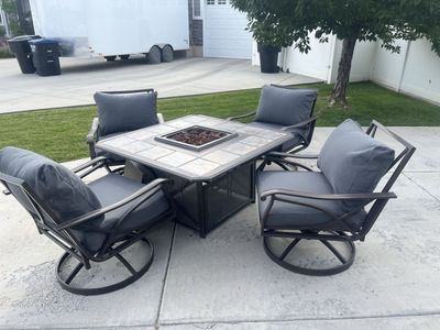 Outdoor Patio Fire Pit Table with 4 Swivel Chairs - Tile Top, Propane Ready
