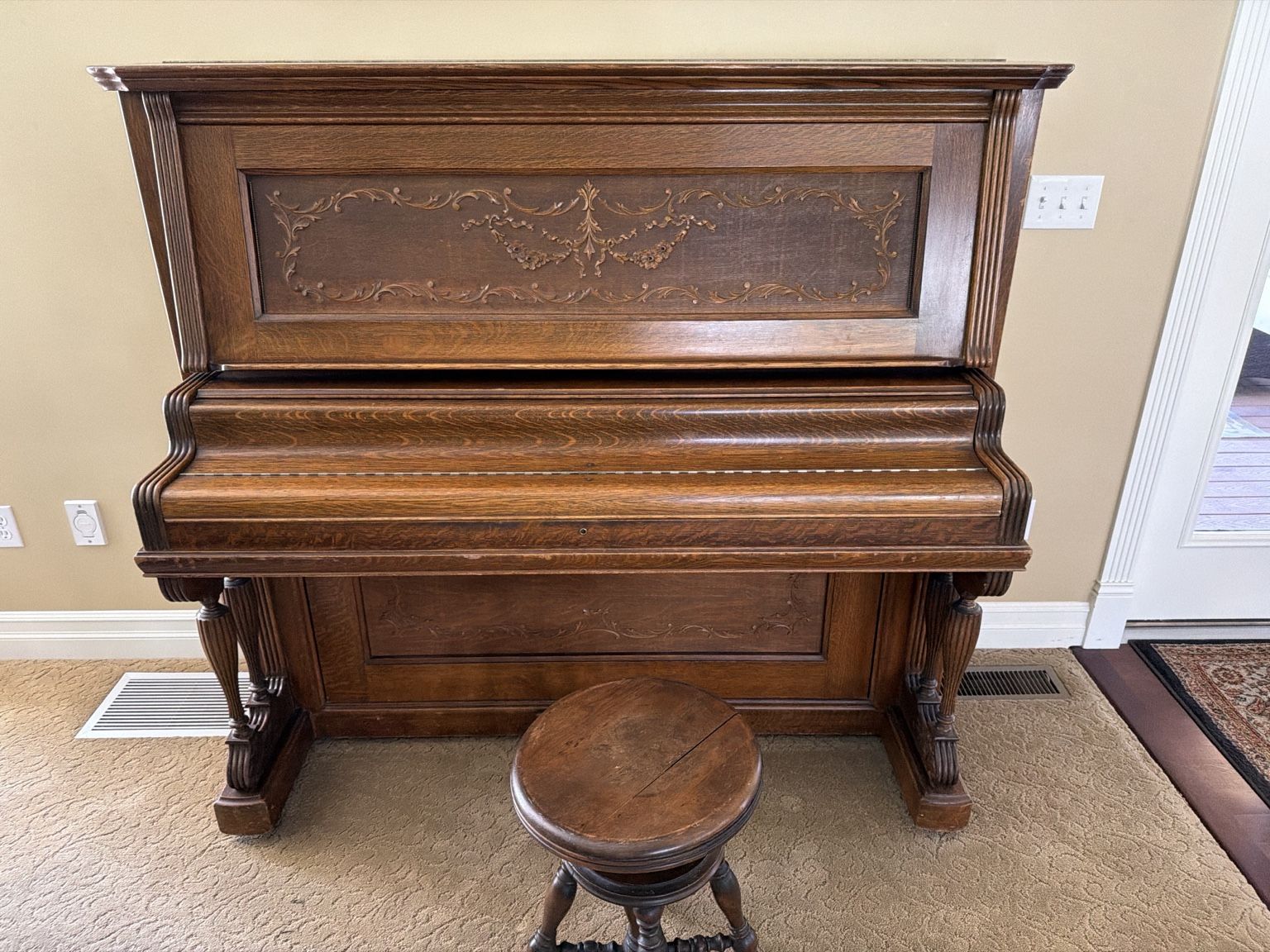 Antique Upright Piano with Carved Wood Detail and Stool