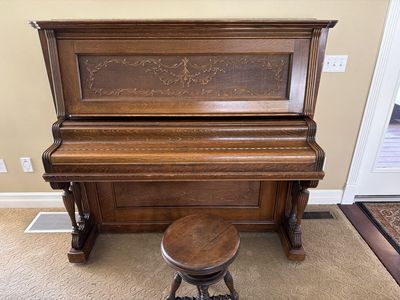 Antique Upright Piano with Carved Wood Detail and Stool