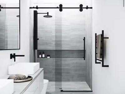 HALF PRICE OF HOME DEPOT! BRAND NEW- VIGO Elon 44-48”W x 74”H Frameless Sliding Shower Door With Matte Black Hardware