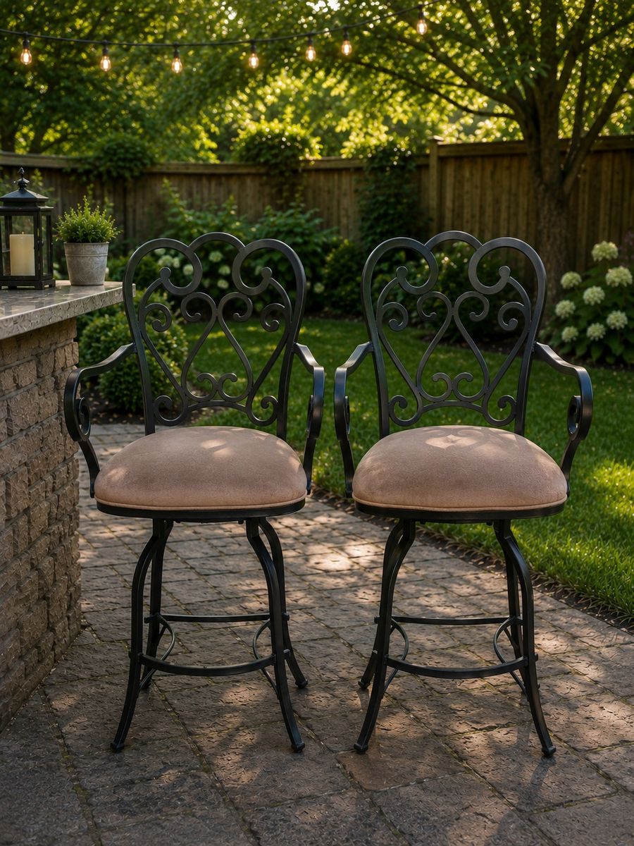 Set of 2 Ornate Black Wrought Iron Swivel Bar Stools