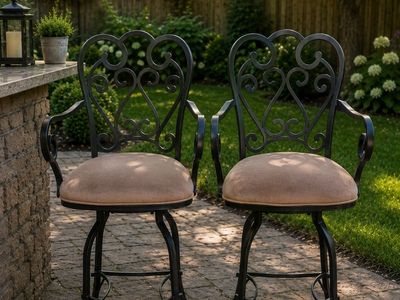 Set of 2 Ornate Black Wrought Iron Swivel Bar Stools