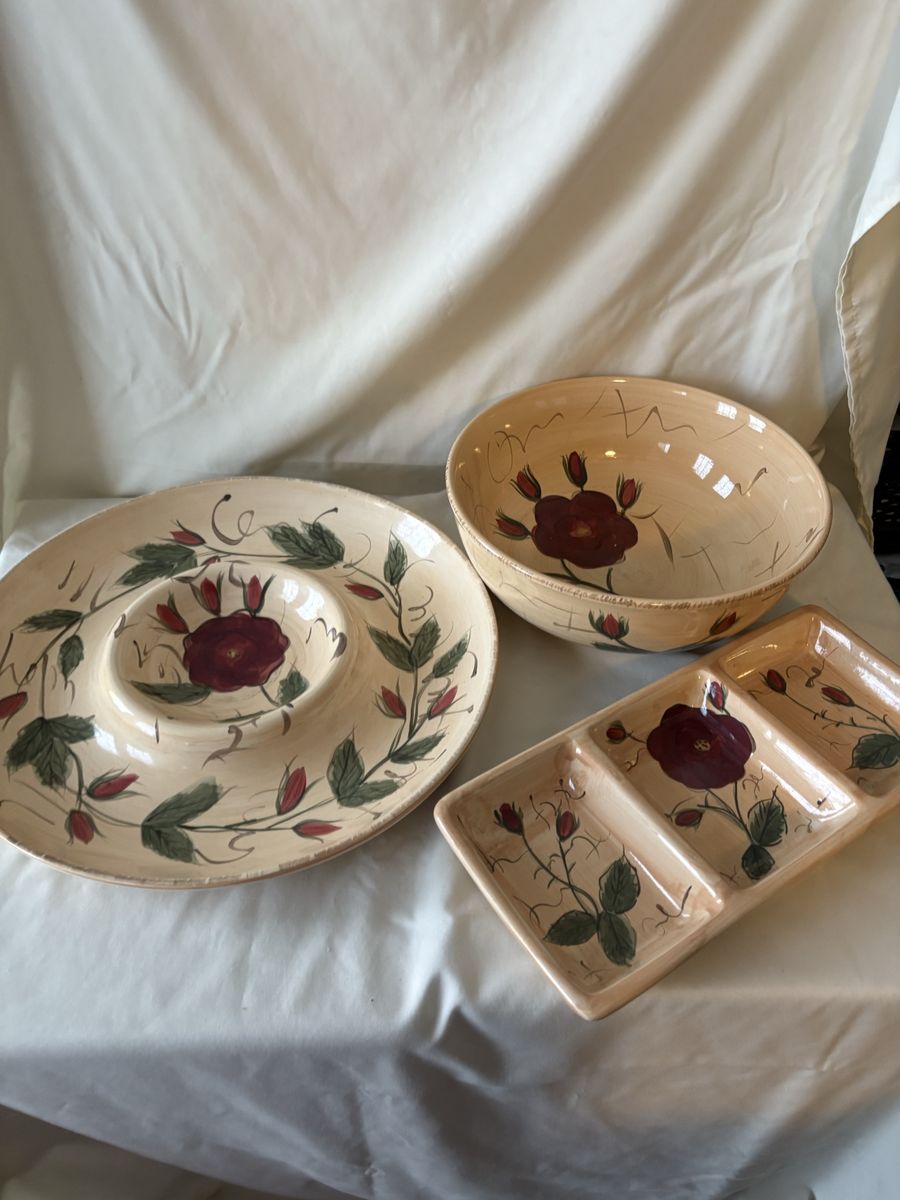 Hand-Painted Ceramic Floral Serveware Set - Serving Bowl, Chip & Dip Platter, Divided Dish