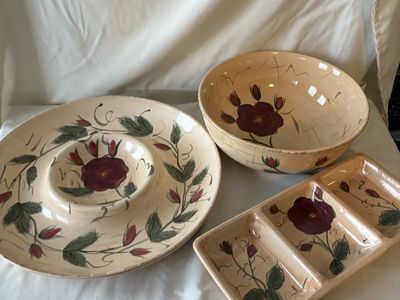 Hand-Painted Ceramic Floral Serveware Set - Serving Bowl, Chip & Dip Platter, Divided Dish