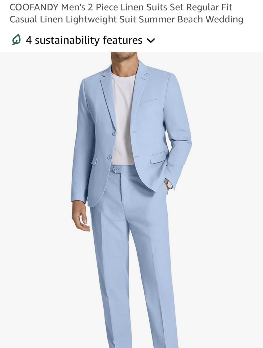 COOFANDY Men's Light Blue XL Cotton Linen 2-Piece Suit Set - Regular Fit, Lightweight for Summer Beach Wedding