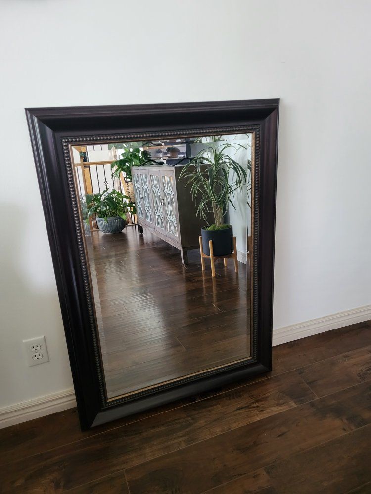 Large Wall Mirror with Dark Ornate Beaded Wood Frame
