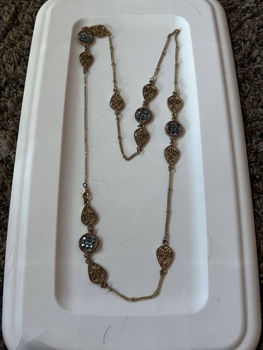 Gold-Tone Filigree & Blue Gemstone Long Chain Necklace - Fashion Jewelry