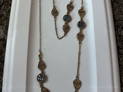 Gold-Tone Filigree & Blue Gemstone Long Chain Necklace - Fashion Jewelry