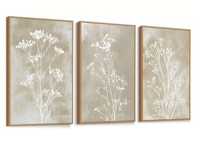 New Neutral Floral Framed Canvas Wall Art Set of 3, 16"x24" Large Boho Botanical Wall Decor
