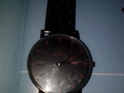 Geneva Black Mesh Band Watch with Red Accents