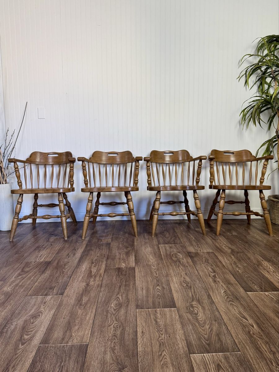 Vintage Solid Wood Windsor Spindle Captain’s Chairs – Set of 4
