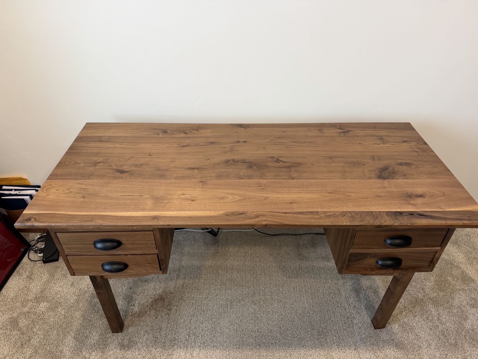 Solid Wood Office Desk with Four Drawers and Black Hardware