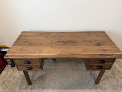 Solid Wood Office Desk with Four Drawers and Black Hardware