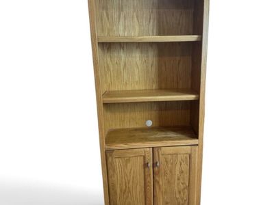 Solid Oak Wood Bookshelf Cabinet with Open Shelves & Lower Doors