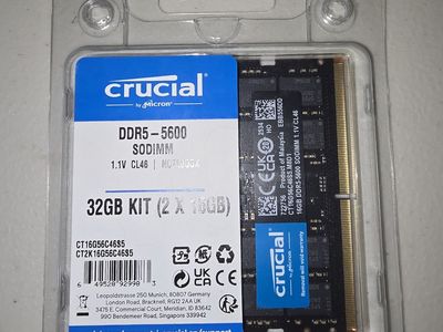 Crucial 32GB Laptop DDR5 5600 MHz SO-DIMM Memory Kit (2 x 16GB)